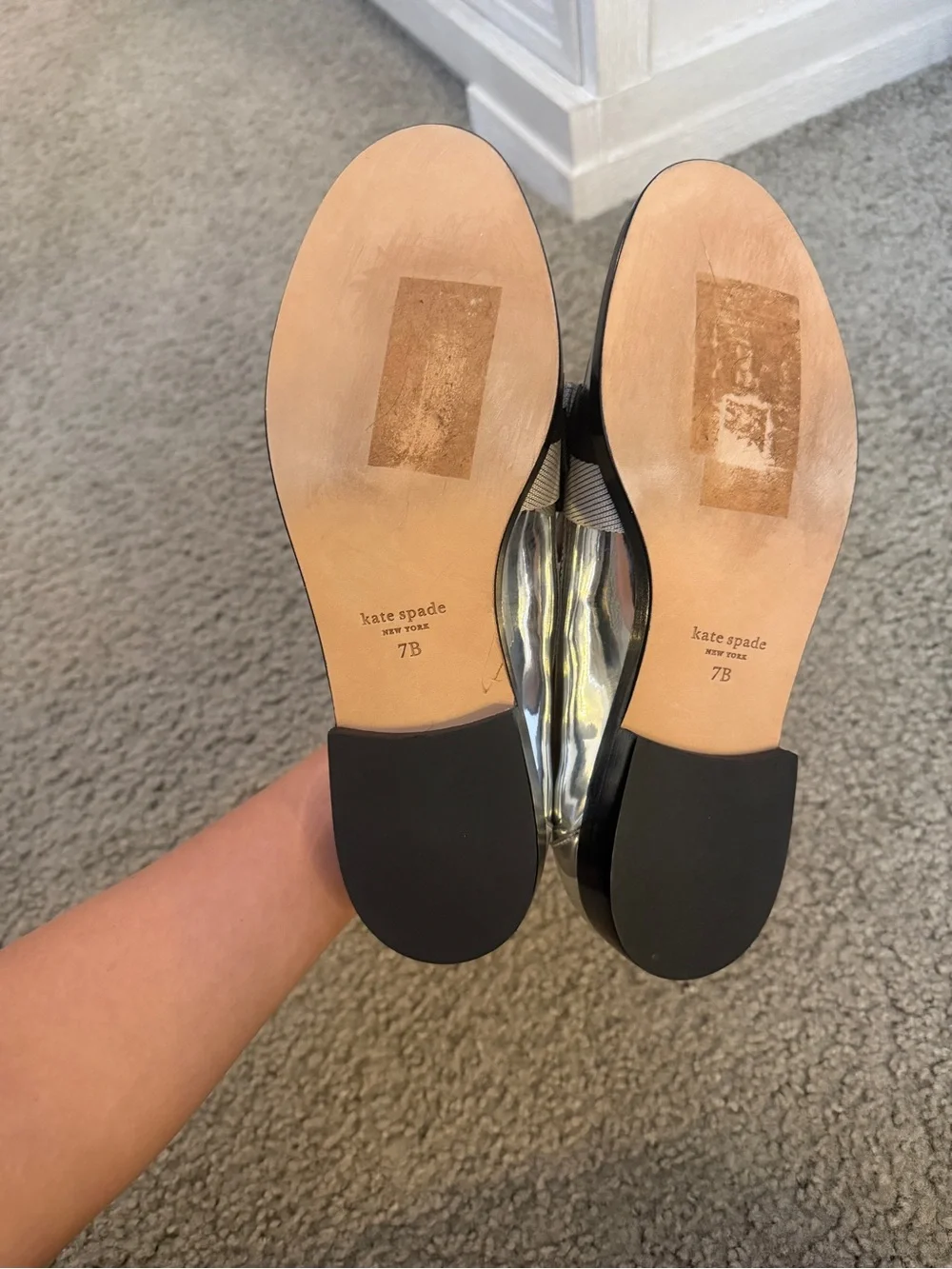 Kate Spade Silver Chrome Metallic Loafers with Black & Beige Bow